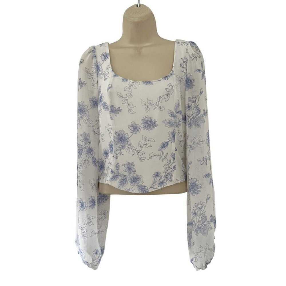 House of Harlow Women's Sz S Blue Floral Cropped Balloon Sleeve Smocked Back Top